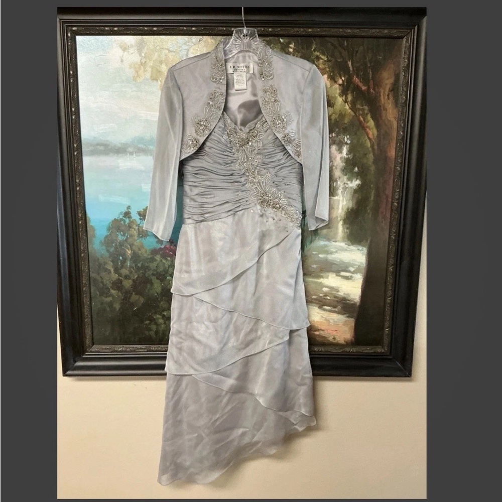 J.R. Nites Women’s Size 4P Elegant Asymmetrical Grayish Silver Dress with Jacket